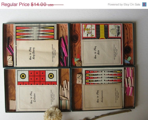 Pickers Sale. Vintage Four Game Boxed Set, Backgammon, Asia, Acey-Ducy, Solitaire