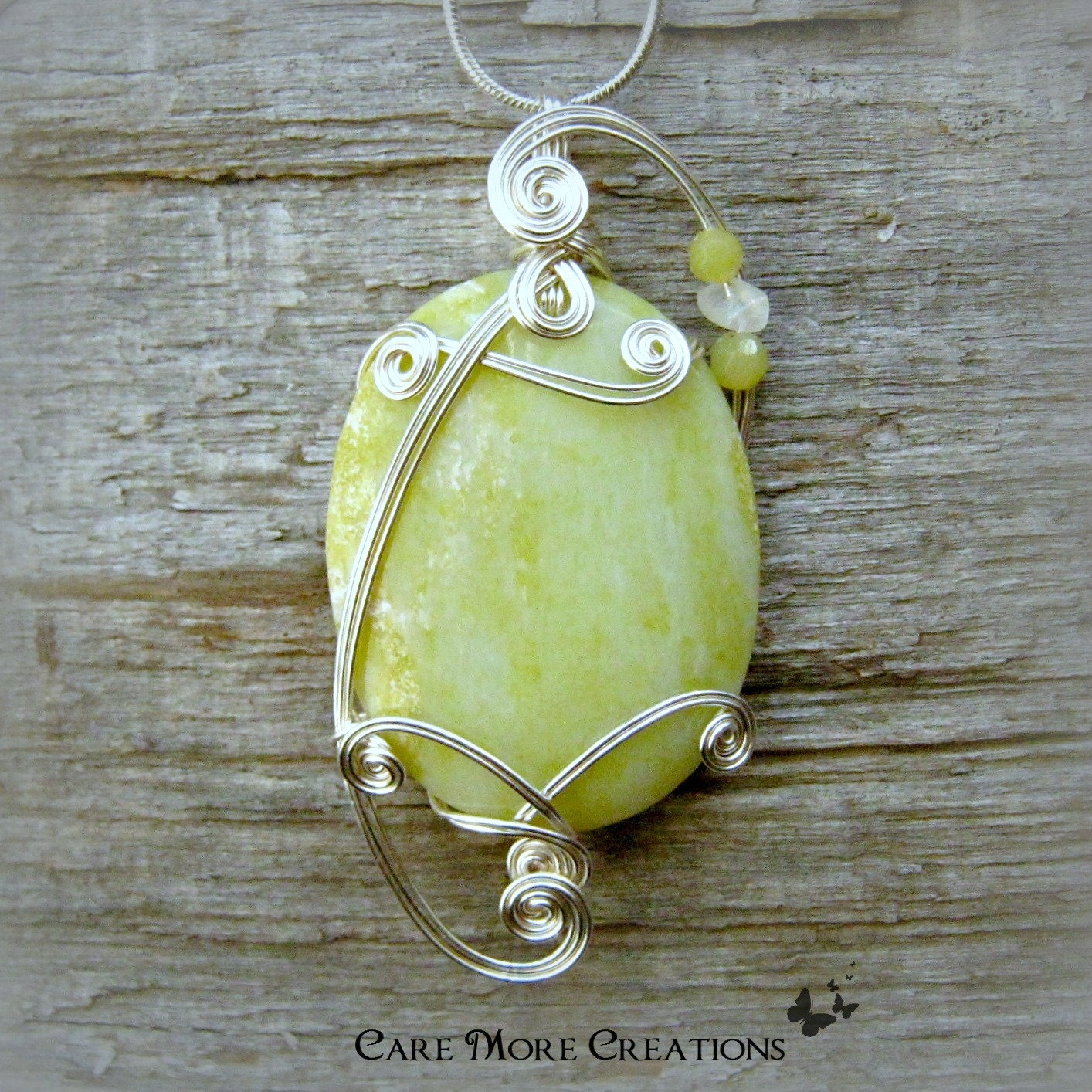 Yellow Lemon Jasper Silver Wire Wrapped Pendant Necklace