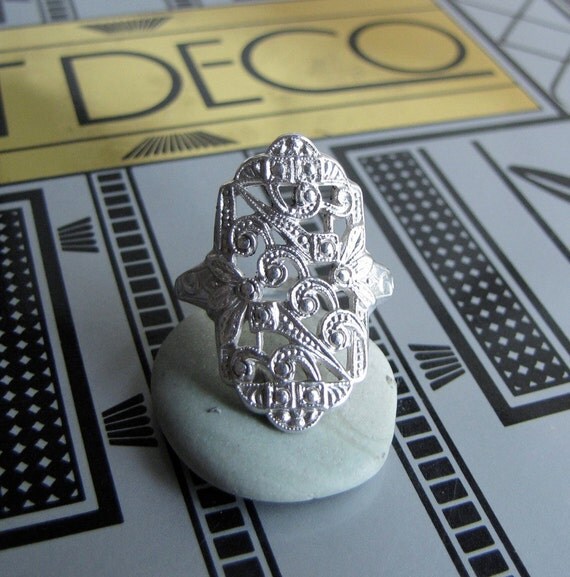 Vintage Art Deco Ring, Sterling Silver Filigree, 1920s Great Gatsby
