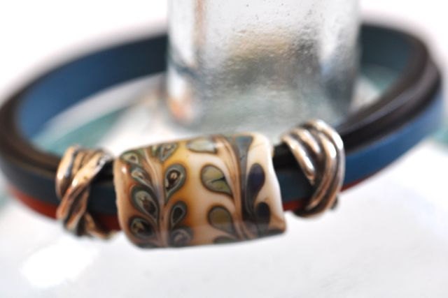 Dark Turquoise, Orange and Black Flat Leather Bracelet,  SRA Organic Lampwork Bead, Stainless Steel Magnet Clasp