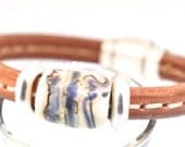 Natural Tan, Stitched Regaliz Leather Bracelet with Organic Lampwork Bead and Silver Colored Spacers and Stainless Steel Clasp
