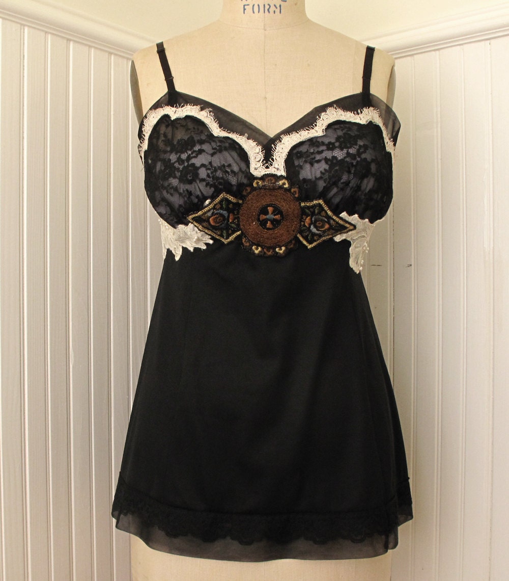 Its Only Rock 'N' Roll- Black and Cream Lace Slip top with pearls and embroidery