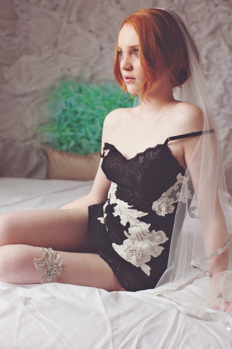 Dangerous Beauty- Black and Cream Lace Slip dress with pearls and beading
