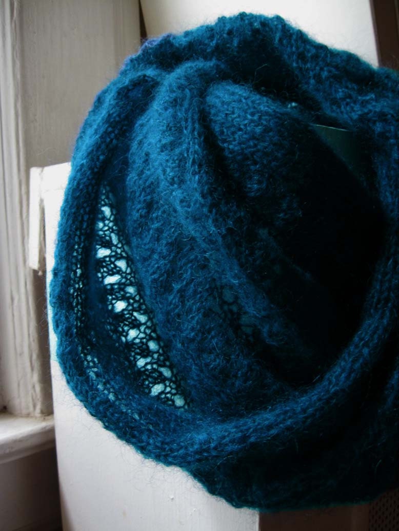 Forest Mist cowl in prussian blue. soft lacy hazy cowl