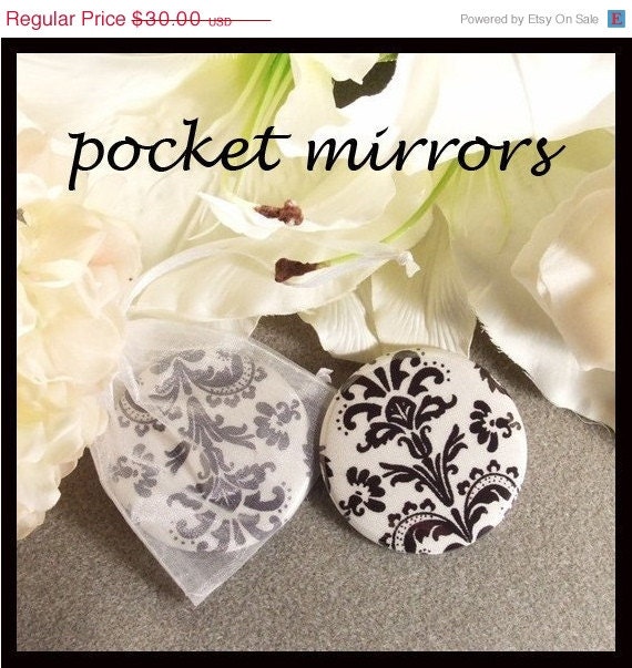 40% OFF sale pocket mirrors one dozen (12) Beautiful white with black damask fabric covered pocket mirrors