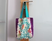 Reversible tote bag in japanese designer floral fabric and teal - Spring tote bag - Echino by Etsuko Furuya