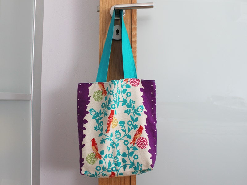 Reversible tote bag in japanese designer floral fabric and teal by MrsPepper