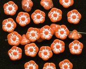 Vintage Orange Flower Beads 10mm Button Back White Relief 25 Pcs - Austria