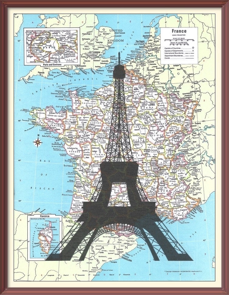 Eiffel Tower Silhouette--Vintage France Map Art Print---Fits 8x10 Mat or Frame