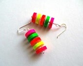 Bright Neon Stacked PAPER BEAD Dangle Pierced Earrings, SS,  shipping included