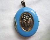 Antique Blue Enamel Locket - Turquoise Enamel and Seed Pearl