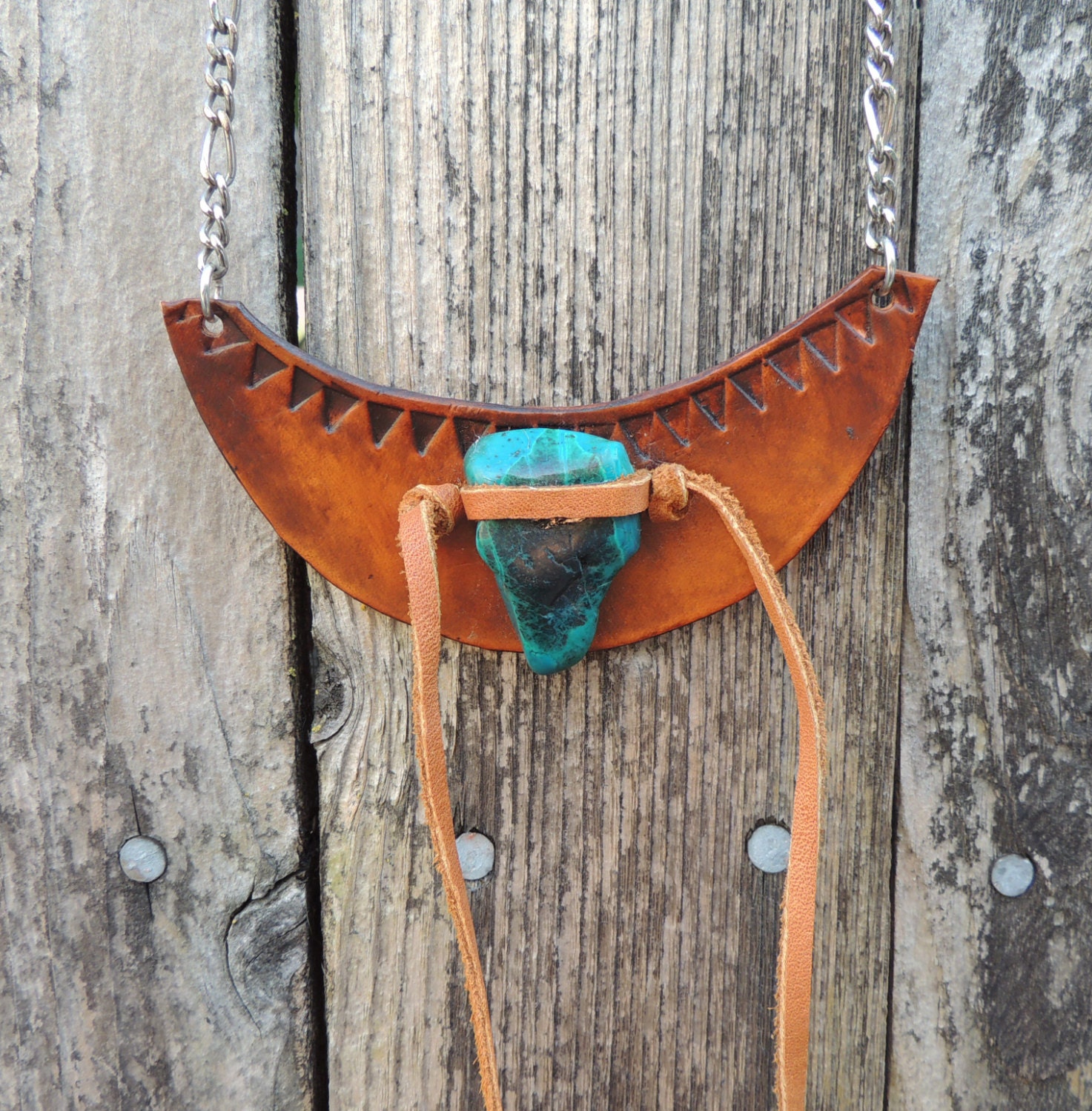 Tooled Leather Geometric Stone Fringe Necklace by flaminghagfolkwear