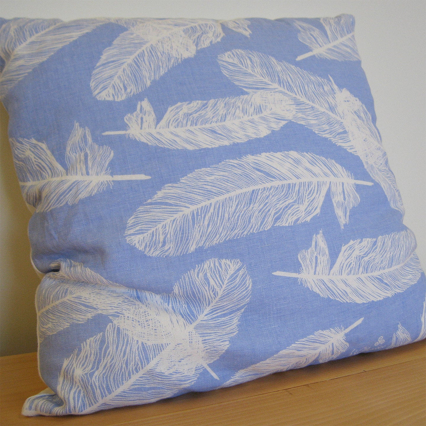 Screen Printed Feather Pillow in Sky Blue on 100% linen by Willywaw
