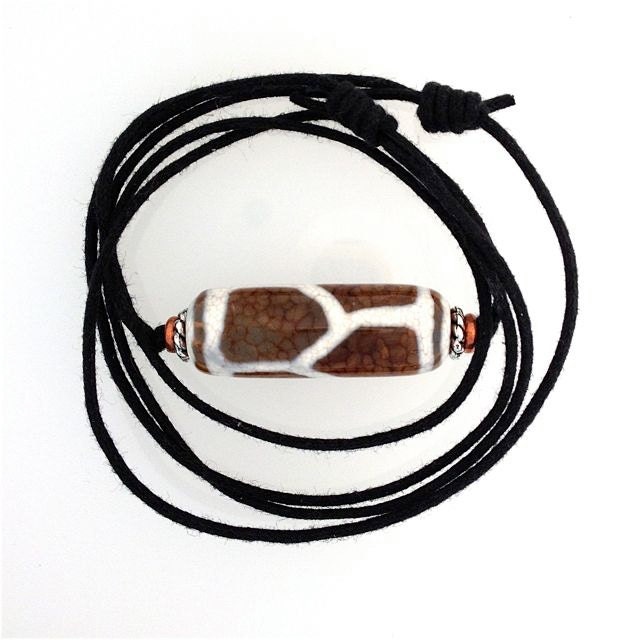 Giraffe Agate Bead Necklace on Cord no.1.with Two Sliding Knots.