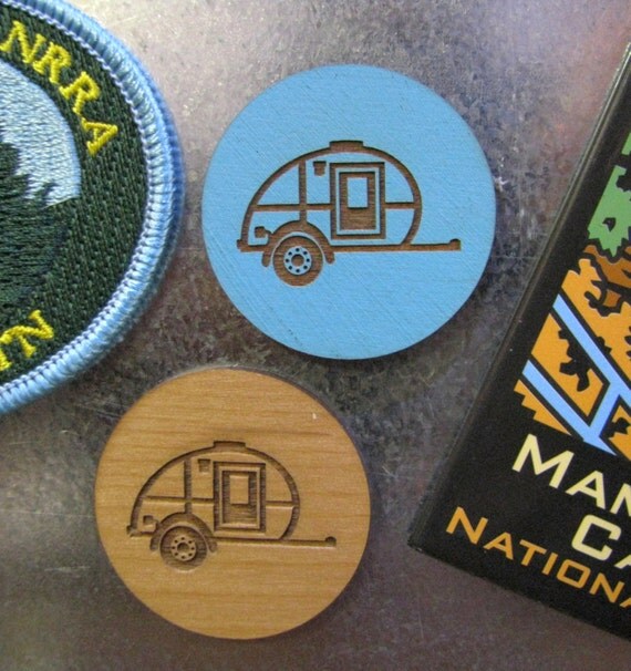 Buy hiking vacation packages. - Two wooden teardrop trailer, hiking OR camping coin magnets.  READY to SHIP.  Travel trailer.  Snowbirds. Vacation.