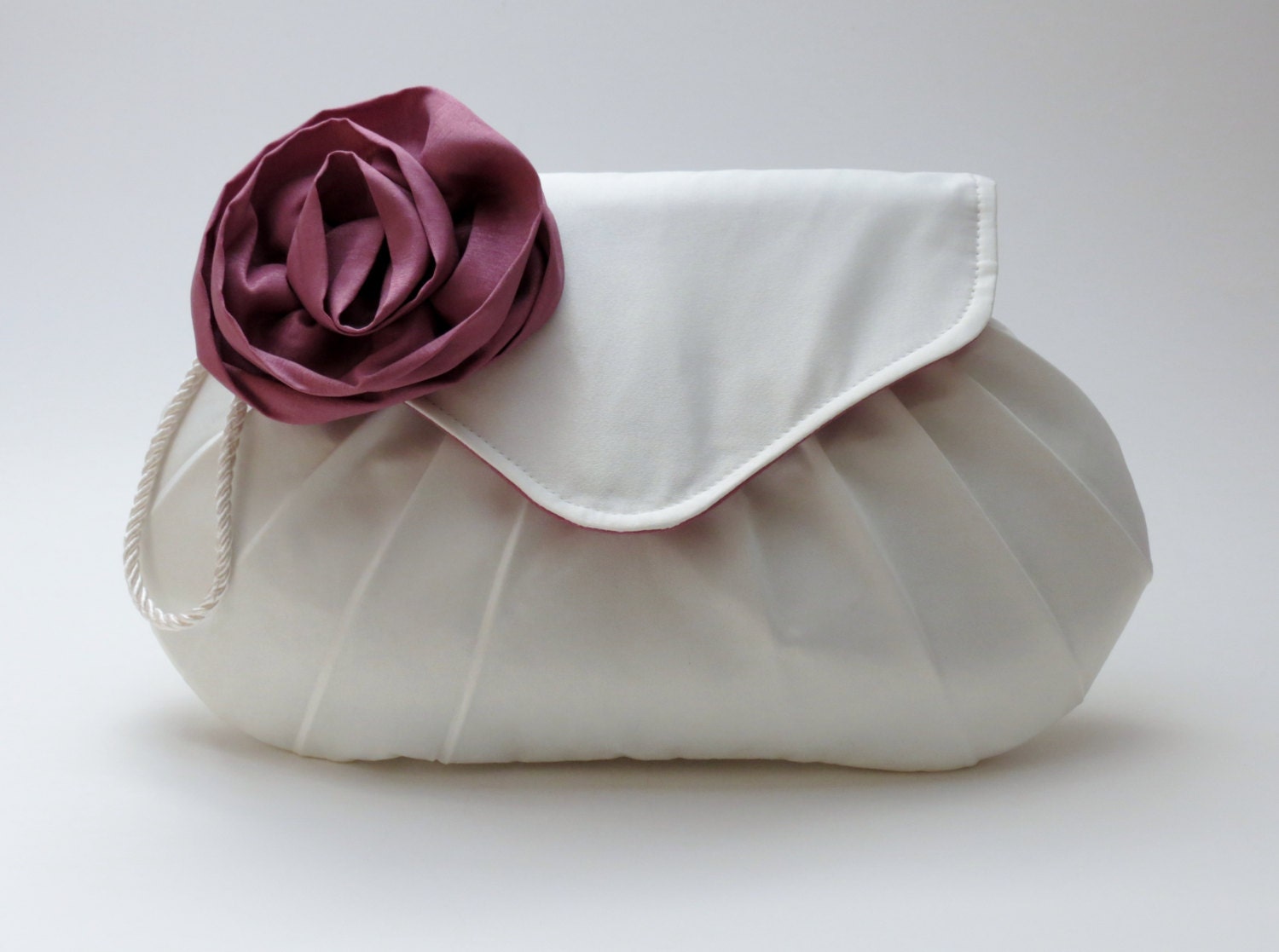 Ivory Bridal Clutch, Pink Flower Purse, Wedding Bridesmaid Bag, Personalized Clutch