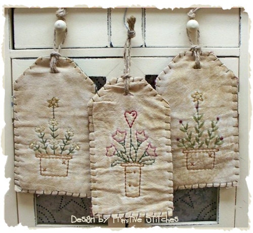 Spring Pots Tag Collection-Primitive Stitchery-E-PATTERN by Primitive Stitches-Instant Download