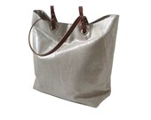 Tote Bag, Metallic Silver Linen with Brown Leather Handles, Casual Tote Bag, Vacation Tote, Beach Bag,  Everyday Bag, Market Tote, Women