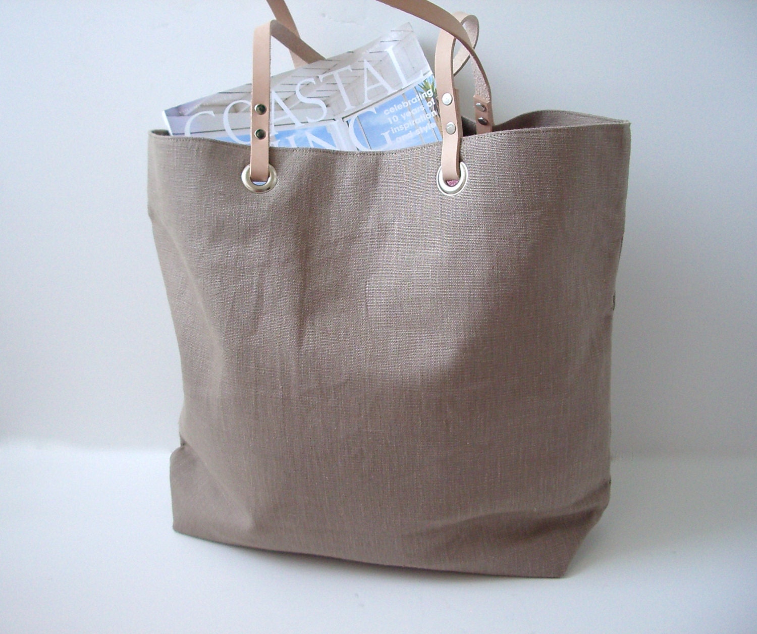 Linen Tote Bag, Taupe, with Nude/Natural Leather Handles, Women, Market Tote, Beach Bag, Large Bag, Simple Bag for Women