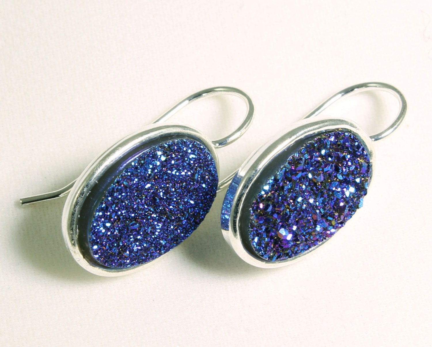 Agate Druzy Blue Titanium Earrings with Silver Bezel Settings