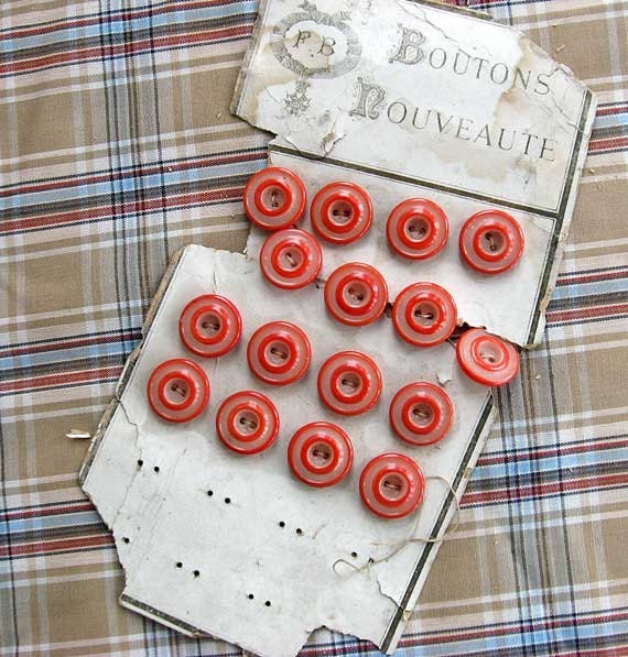 Set of 17 Antique Edwardian Vintage 2 Color Coral Red, Pink Opaque Glass Buttons on Card