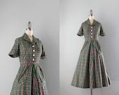 1940s Dress / Vintage 40s Plaid Day Dress / 40s Cotton Shirtwaist Dress
