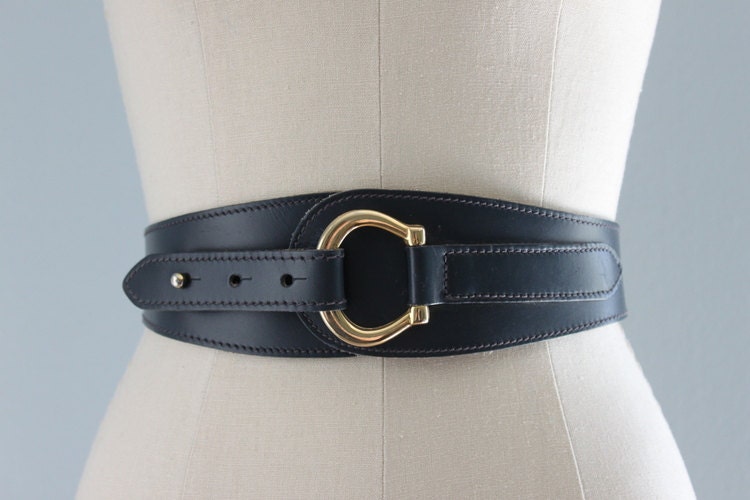 Vintage Leather Belt / 1980s Wide Belt / Navy Blue Leather 50s Style Belt