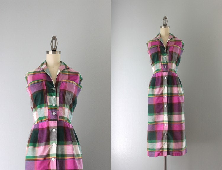 1950s Dress / Vintage 50s Purple Plaid Day Dress / Fifties Cotton Plus Size Dress