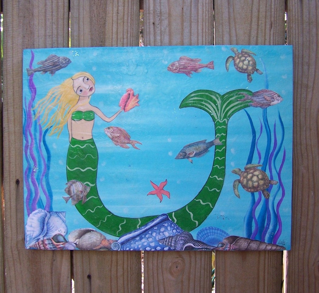 Folk Art Mermaid Original Mixed Media  Encaustic Painting