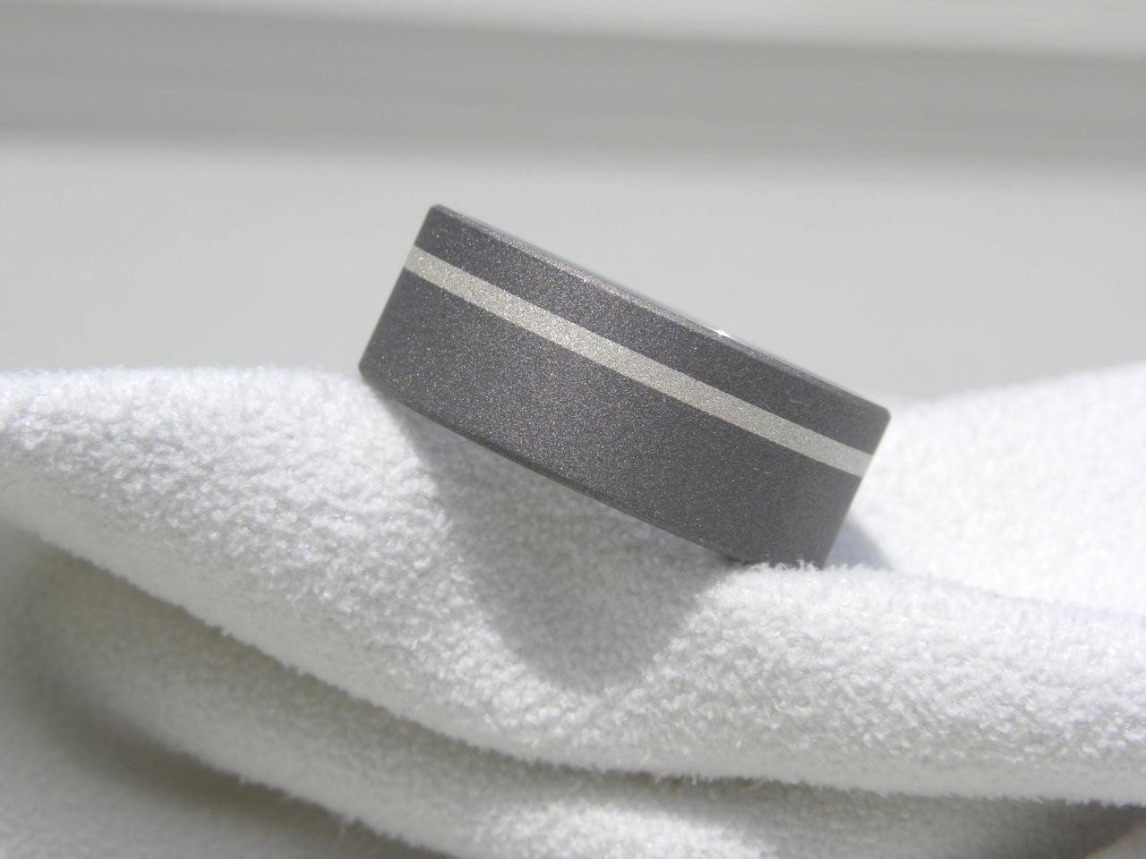 Titanium Offset Silver Inlay Ring Wedding Band Sandblasted