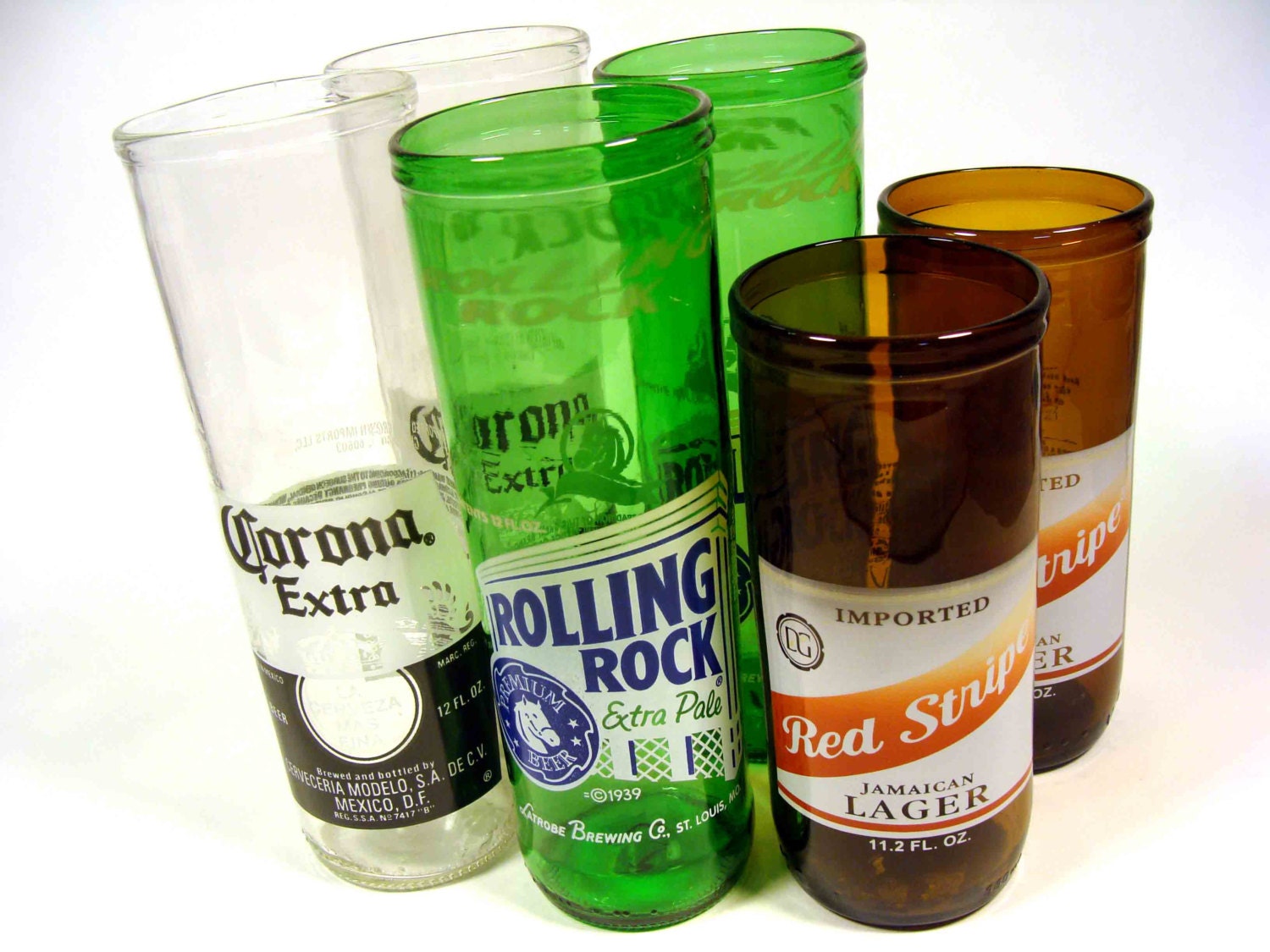 Mixed Set of six Recycled Beer Bottle Drinking glasses / 2 Red Stripe, 2 Corona, and 2 Rolling Rock