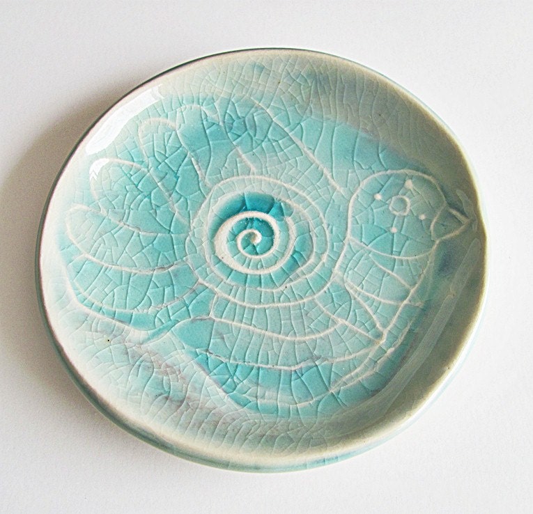 love bird dish: handmade aqua decor ring bowl unique     crackle glazed pottery