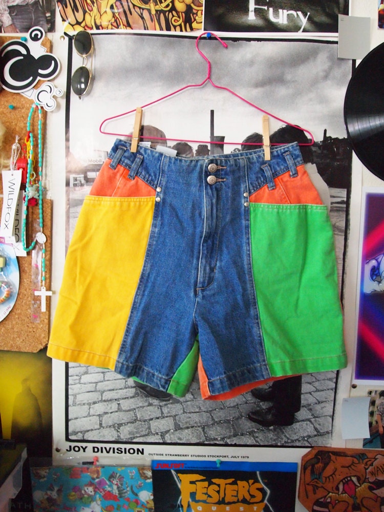 HIP HOP // Vintage 90s High Waisted Colorblocked Orange, Green, and Yellow Denim Shorts, M-L