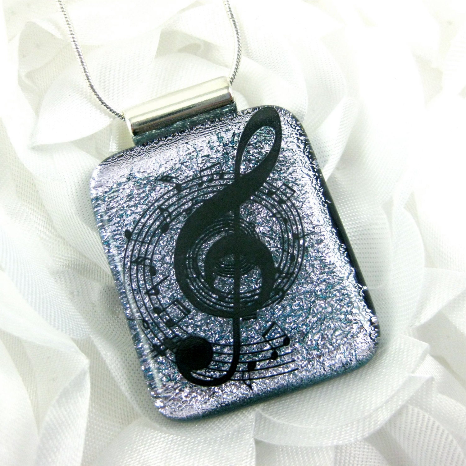 Silver Dichroic Glass Treble Clef Necklace Fused Glass Jewelry
