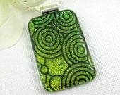 Green Dichroic Glass Pendant with Circles, Bubbles and Swirls