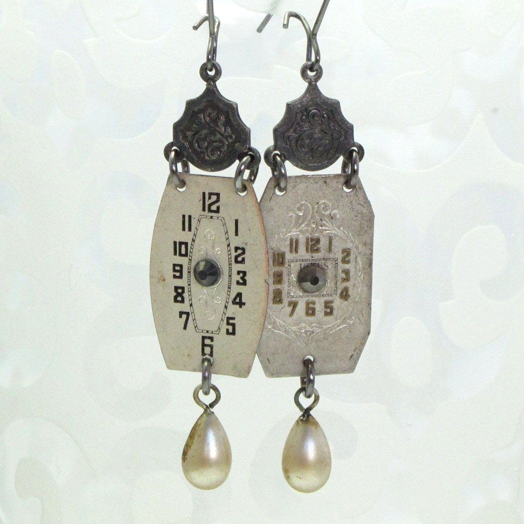 Victorian Vintage Watch Dials OOAK Earrings Edwardian Vintage Pearls Gunmetal Exclusive Design By Mystic Pieces