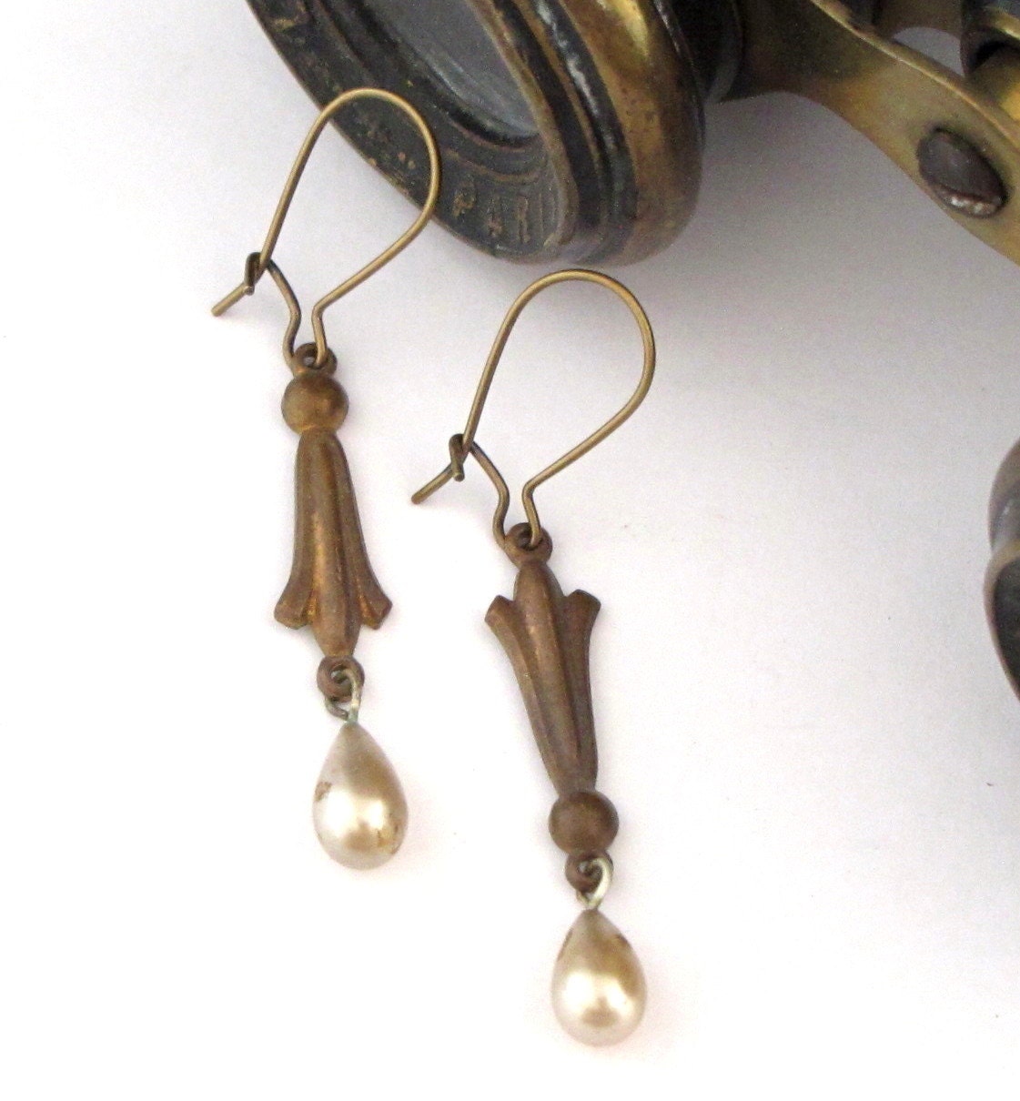 Vintage Brass Pearls OOAK Earrings Edwardian Steampunk Neo Victorian Exclusive Design By Mystic Pieces
