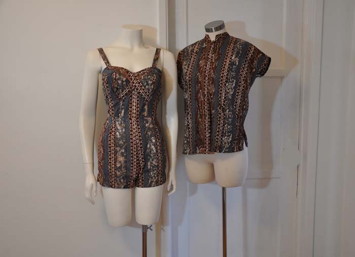 50s swim suit / Cross ur Heart Vintage 1950's Hawaiian Nani Swimsuit Shirt Set