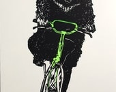 Linocut print - Bear on a bike dayglo green