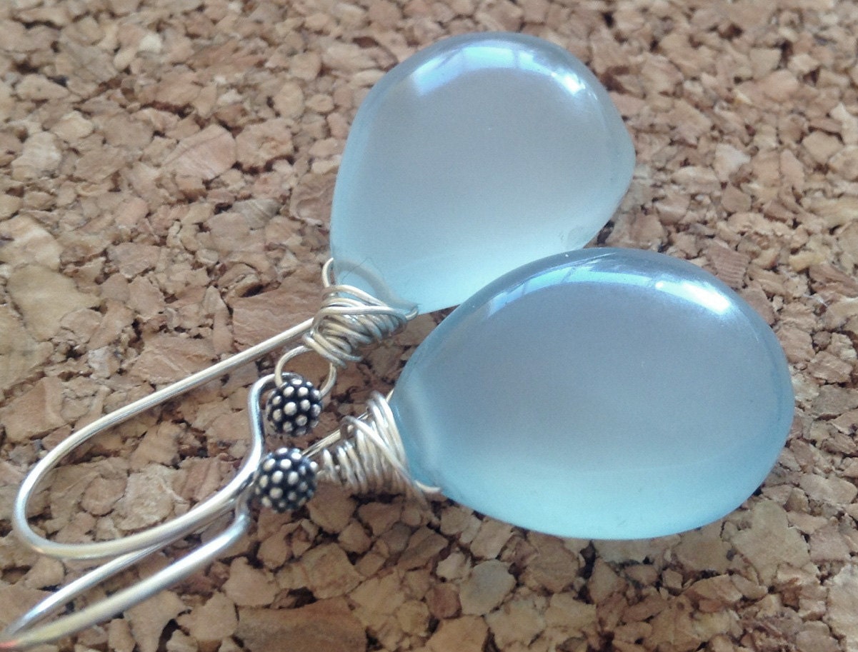 Ocean Drops Sky blue glowing Chalcedony Smooth Pear Earrings RARE - $45.00 USD