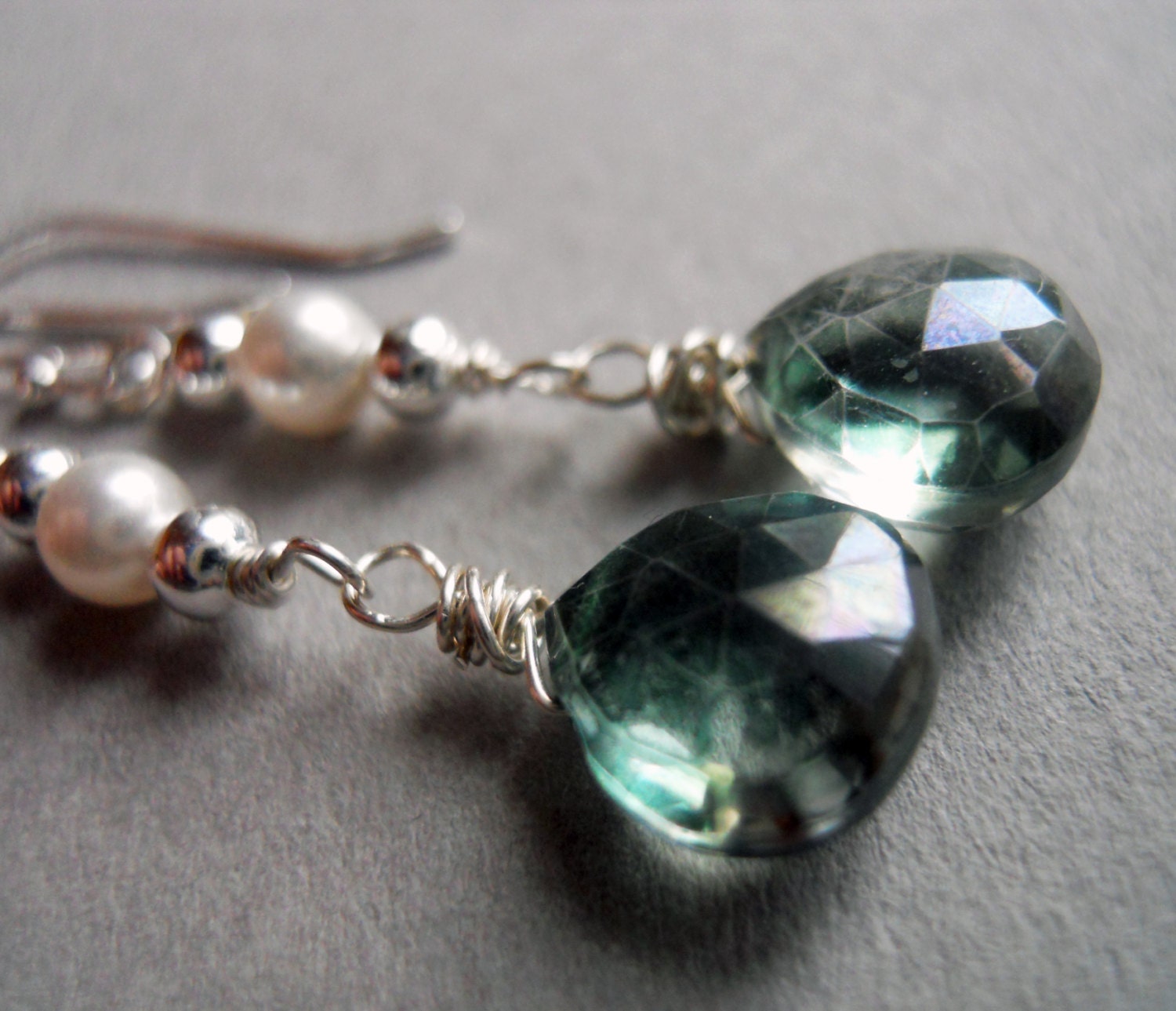 Green Mystic Quartz and Pearl earrings - $32.00 USD