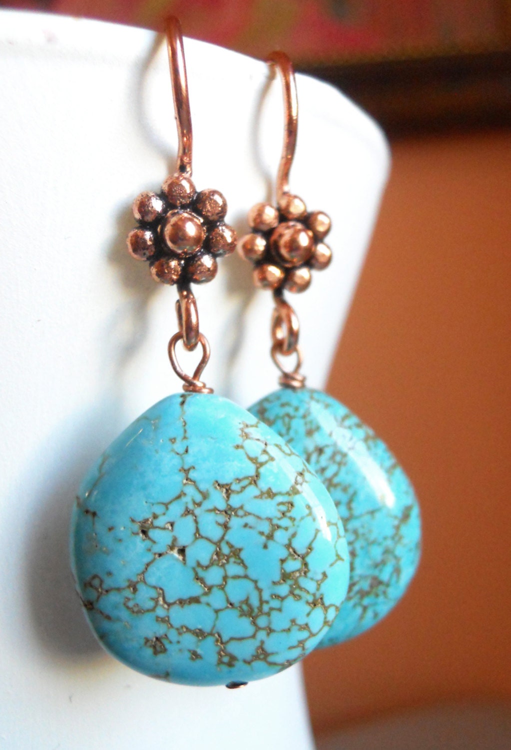 Howlite large teardrop copper earrings - $30.00 USD