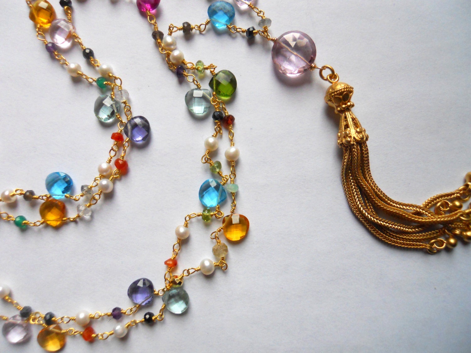Spring Break Long Multi-gem tassel necklace - $248.00 USD