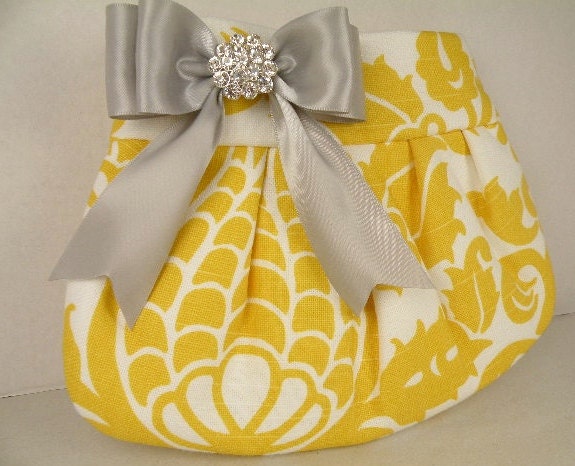 Pleated Clutch  Evening Bag  Purse  Wedding  Bridesmaid  AMSTERDAM  Corn Yellow and White with Silver Satin Bow and Crystal