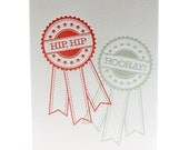 Congratulations Celebrate Good News Hip, Hip, Hooray Letterpress Graduation Achievement Card in Red and Sea Green