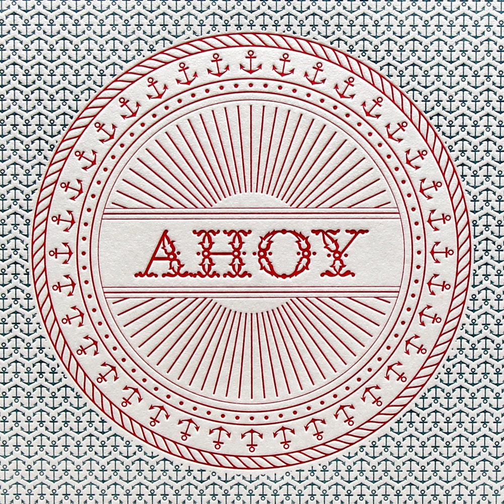 Ahoy blue red anchor nautical letterpress art print 8 by 10