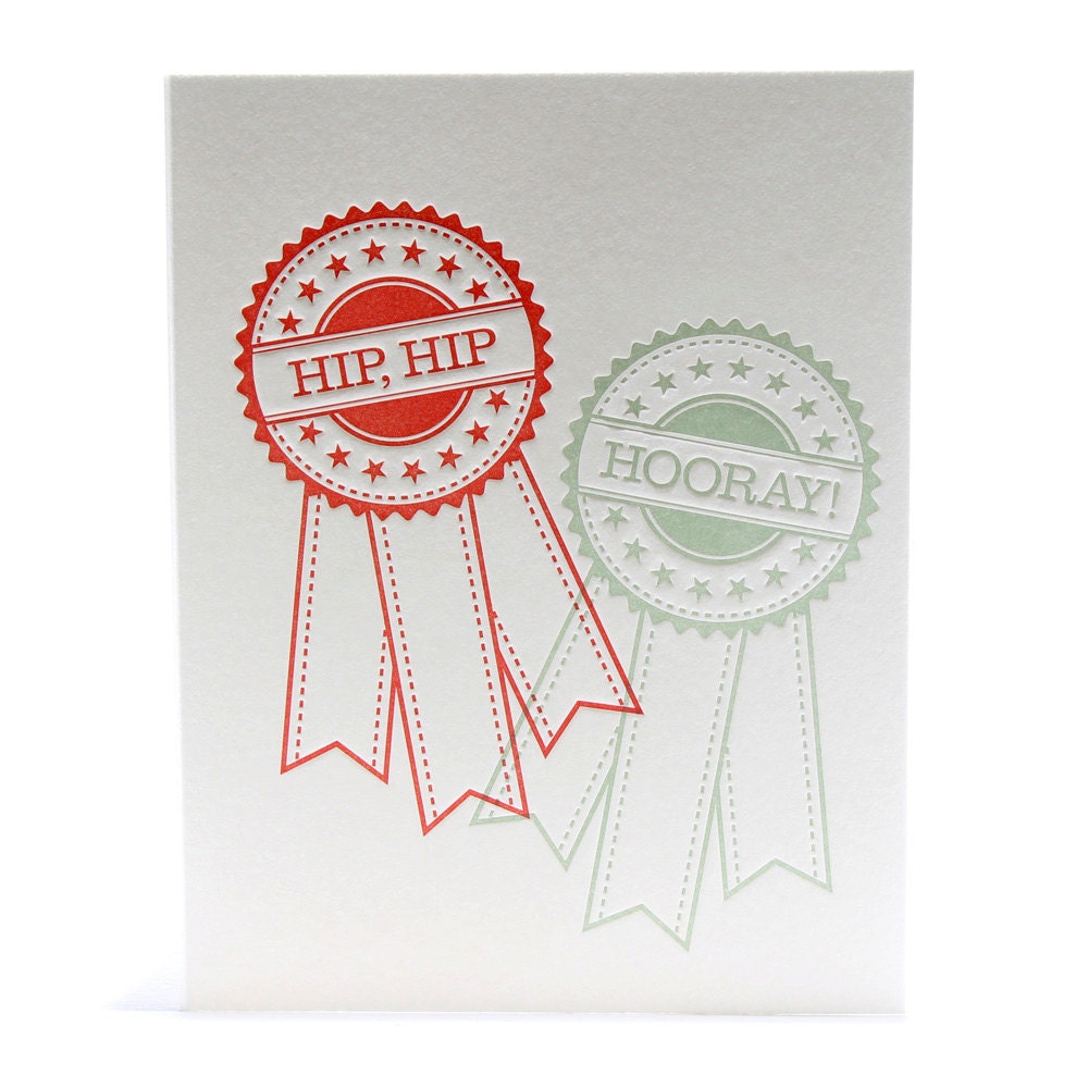 Congratulations Celebrate Good News Hip, Hip, Hooray Letterpress Graduation Achievement Card in Red and Sea Green