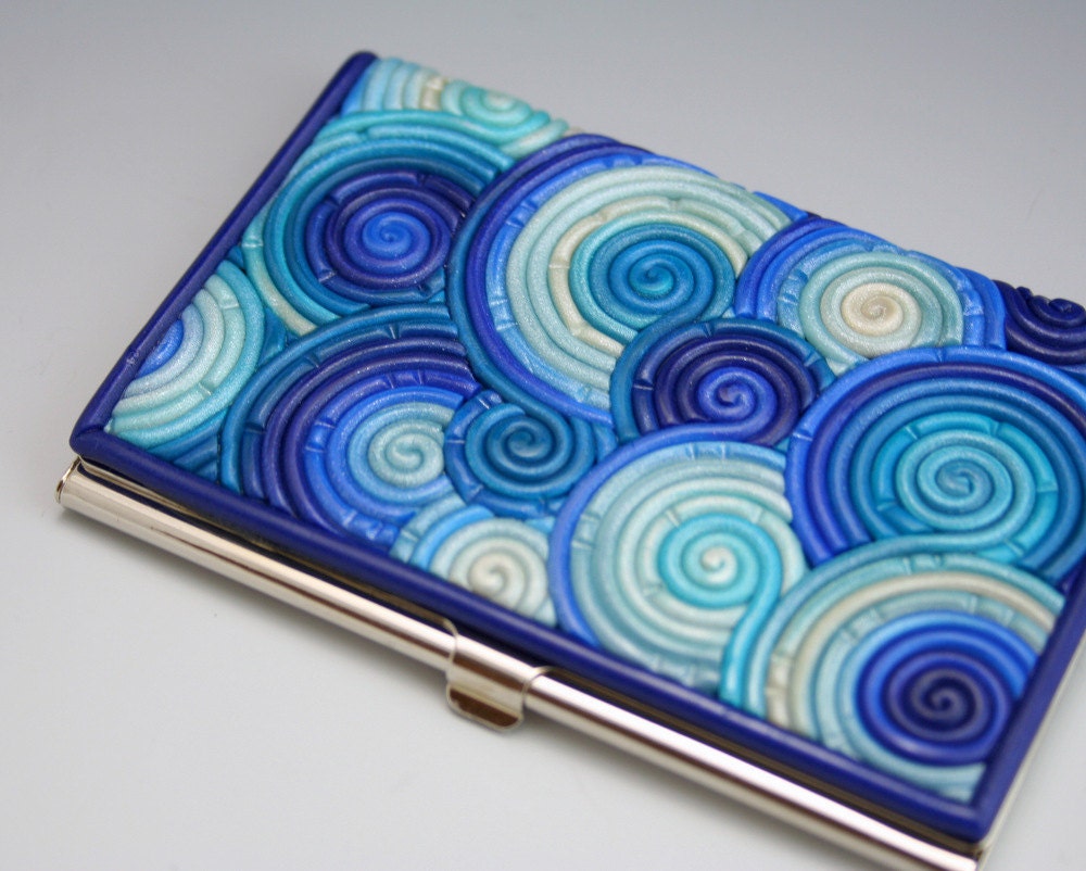 Business Card Case in Blue and Teal Polymer Clay Filigree