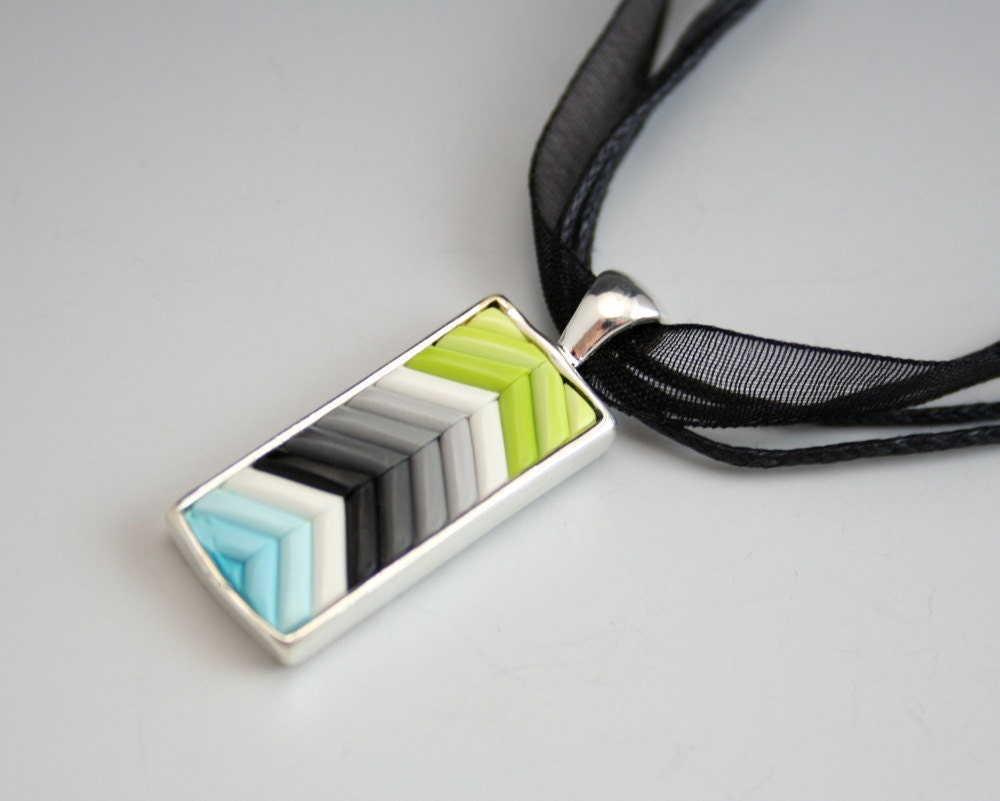Chevron Pendant in Spring Green, Turquoise, Gray Polymer Clay