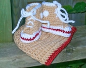 Baby Booties and Hat Set - Hi-top Sneaker Booties  and Hat  -  Tan and Burgundy - NEWBORN Photo Prop